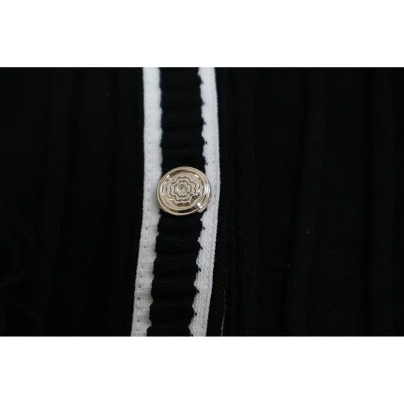 Maje Knit Midi Dress Contrast Trim Pleated Skirt Black White Office Classic $480 - Picture 5 of 15